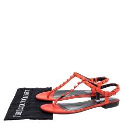 Pre Owned Balenciaga Orange Leather Arena Studded Strappy Flat Thong Sandals Size 39