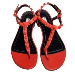 Pre Owned Balenciaga Orange Leather Arena Studded Strappy Flat Thong Sandals Size 39