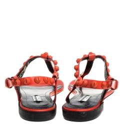 Pre Owned Balenciaga Orange Leather Arena Studded Strappy Flat Thong Sandals Size 39