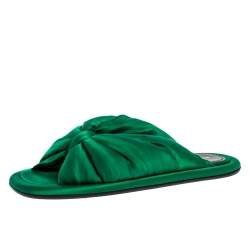 مملوكة مسبقًا Balenciaga Green Satin Bow Flat Slides Size 36