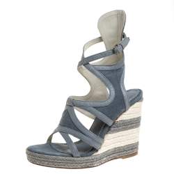 Pre Owned Balenciaga Grey Denim and Leather Trim Gladiator Wedge Platform Sandals Size 39