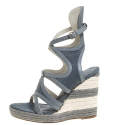 Pre Owned Balenciaga Grey Denim and Leather Trim Gladiator Wedge Platform Sandals Size 39