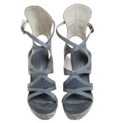 Pre Owned Balenciaga Grey Denim and Leather Trim Gladiator Wedge Platform Sandals Size 39