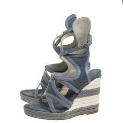 Pre Owned Balenciaga Grey Denim and Leather Trim Gladiator Wedge Platform Sandals Size 39