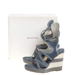 Pre Owned Balenciaga Grey Denim and Leather Trim Gladiator Wedge Platform Sandals Size 39