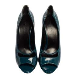 Pre Owned Balenciaga Peacock Blue Patent Leather Peep Toe Pumps Size 39.5