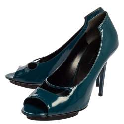 Pre Owned Balenciaga Peacock Blue Patent Leather Peep Toe Pumps Size 39.5
