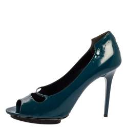 Pre Owned Balenciaga Peacock Blue Patent Leather Peep Toe Pumps Size 39.5