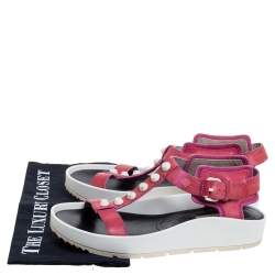 Pre Owned Balenciaga Pink Studded Leather T-Strap Platform Sandals Size 38