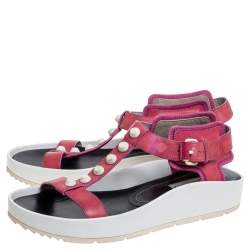 Pre Owned Balenciaga Pink Studded Leather T-Strap Platform Sandals Size 38