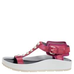 Pre Owned Balenciaga Pink Studded Leather T-Strap Platform Sandals Size 38