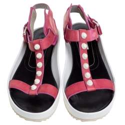 Pre Owned Balenciaga Pink Studded Leather T-Strap Platform Sandals Size 38