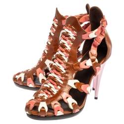 Pre Owned Balenciaga Tri Color Leather Interlocking Strappy Ankle Strap Sandals Size 41