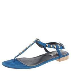 Pre Owned Balenciaga Blue Suede Leather Studded Arena Flats Size 40