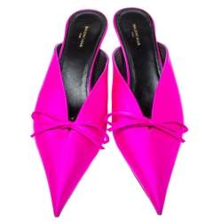 Pre Owned Balenciaga Metallic Pink Satin Knife Pointed Toe Kitten Heels Mules Size 38