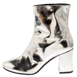 Balenciaga Metallic Silver Patent Leather Ankle Boots Size 37