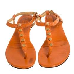 Pre Owned Balenciaga Orange Leather RH Thong Sandals Size 38