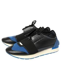 Pre Owned Balenciaga Black/Blue Leather And Mesh Race Runners Sneakers Size 41