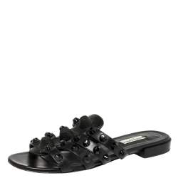 Pre Owned Balenciaga Black Leather Giant Studded Flats Size 37