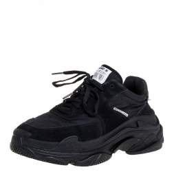 Pre Owned Balenciaga Black Nylon and Suede Leather Triple S Low Top Sneakers Size 39