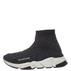 Balenciaga Black Silver Glitter Knit Fabric Speed Trainer Sneakers