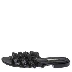 Pre Owned Balenciaga Black Leather Arena Studded Strappy Flats Size 37