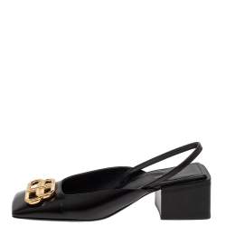 Pre Owned صندل بالنسياغا فتحة كعب مقدمة مربعة شعار بى بى جلد أسود مقاس 