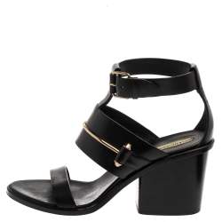 Pre Owned Balenciaga Black Leather Ankle Wrap Block Heel Sandals Size 39