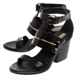 Pre Owned Balenciaga Black Leather Ankle Wrap Block Heel Sandals Size 39