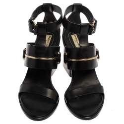 Pre Owned Balenciaga Black Leather Ankle Wrap Block Heel Sandals Size 39