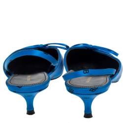 Pre Owned Balenciaga Blue Satin Logo All Over Slingback Sandals Size 39