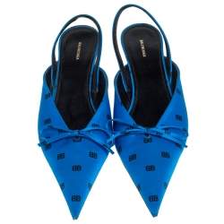 Pre Owned Balenciaga Blue Satin Logo All Over Slingback Sandals Size 39
