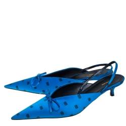 Pre Owned Balenciaga Blue Satin Logo All Over Slingback Sandals Size 39