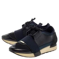 Balenciaga Blue/Black Mesh And Suede Leather Race Runner Low Top Sneakers Size 37