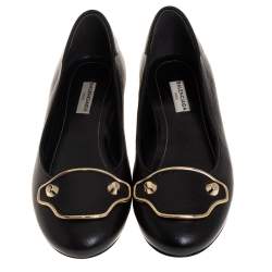 مملوكة مسبقًا حذاء باليرينا فلات بالنسي اغا جلد أسود مزخرف مقاس 37