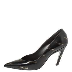 Pre Owned Balenciaga Black/Gold Logo Printed Leather Talon Slash Heel Pointed Toe Pumps Size 38