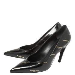Pre Owned Balenciaga Black/Gold Logo Printed Leather Talon Slash Heel Pointed Toe Pumps Size 38