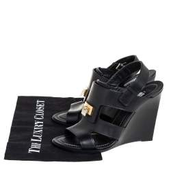 Pre Owned  Balenciaga Black Leather Wedge Sandals Size 37
