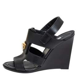 Pre Owned  Balenciaga Black Leather Wedge Sandals Size 37