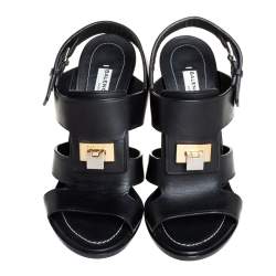 Pre Owned  Balenciaga Black Leather Wedge Sandals Size 37