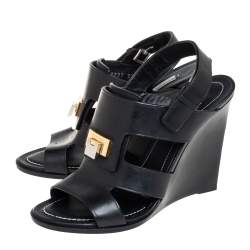 Pre Owned  Balenciaga Black Leather Wedge Sandals Size 37