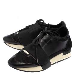 Pre Owned Balenciaga Black Leather And Mesh Race Runner Low Top Sneakers Size 36