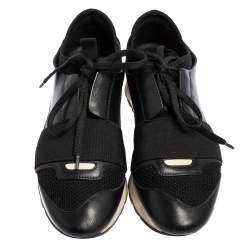 Pre Owned Balenciaga Black Leather And Mesh Race Runner Low Top Sneakers Size 36