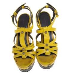 Balenciaga Yellow Leather Wedge Ankle Strap Sandals Size 38