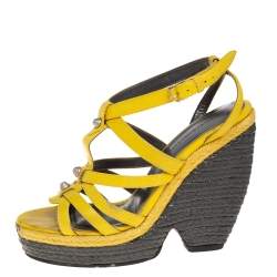 Balenciaga Yellow Leather Wedge Ankle Strap Sandals Size 38