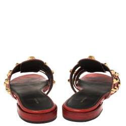 Pre Owned صندل سلايد فلات بالنسياغا مرصع زخارف كبيرة الحجم جلد أحمر مقاس 39.5