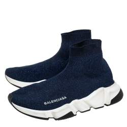 Pre Owned Balenciaga Blue Knit Fabric Speed Trainer Sneakers Size 37