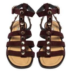 مملوكة مسبقًا Balenciaga Burgundy Suede Studded Gladiator Flat Sandals Size 36