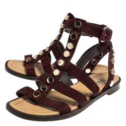 مملوكة مسبقًا Balenciaga Burgundy Suede Studded Gladiator Flat Sandals Size 36
