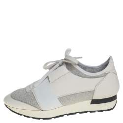 مملوكة مسبقًا حذاء رياضي بالنسياغا رايس رونر قماش لامع و جلد أبيض كريمي مقاس 38